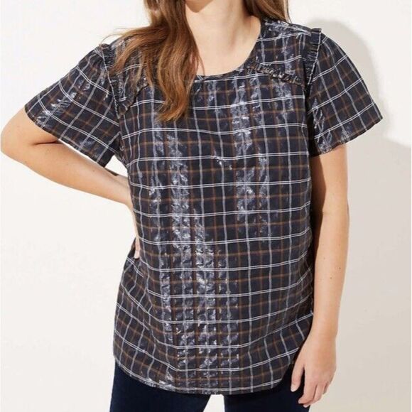 LOFT Shimmer Plaid Ruffle Trim Top Blouse
Size - Picture 1 of 8
